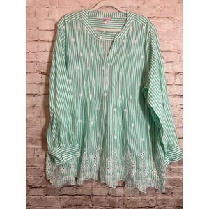 American Sweetheart Popover Top Mint Green Striped Embroidered Florals Eyelets